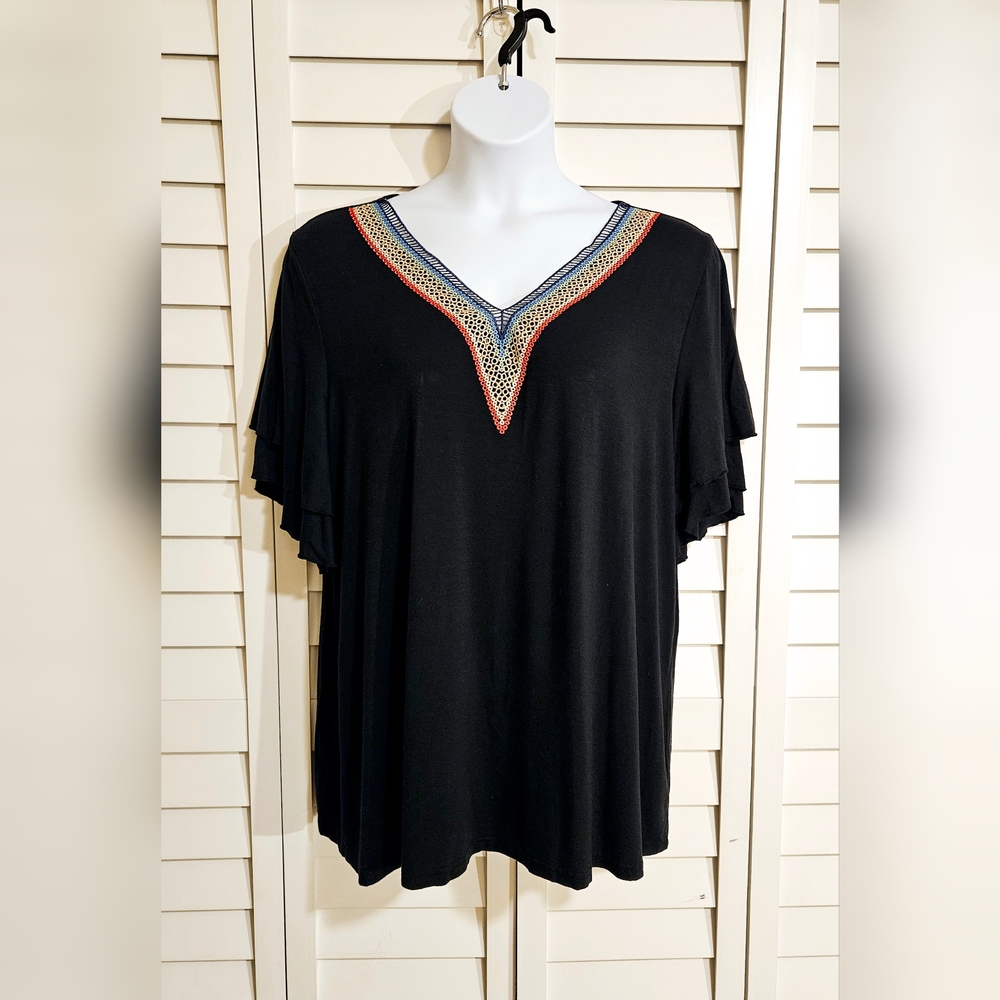 Women's Plus 22/24 V-neck Tee with Rainbow Embroidery Detail by Bloomchic